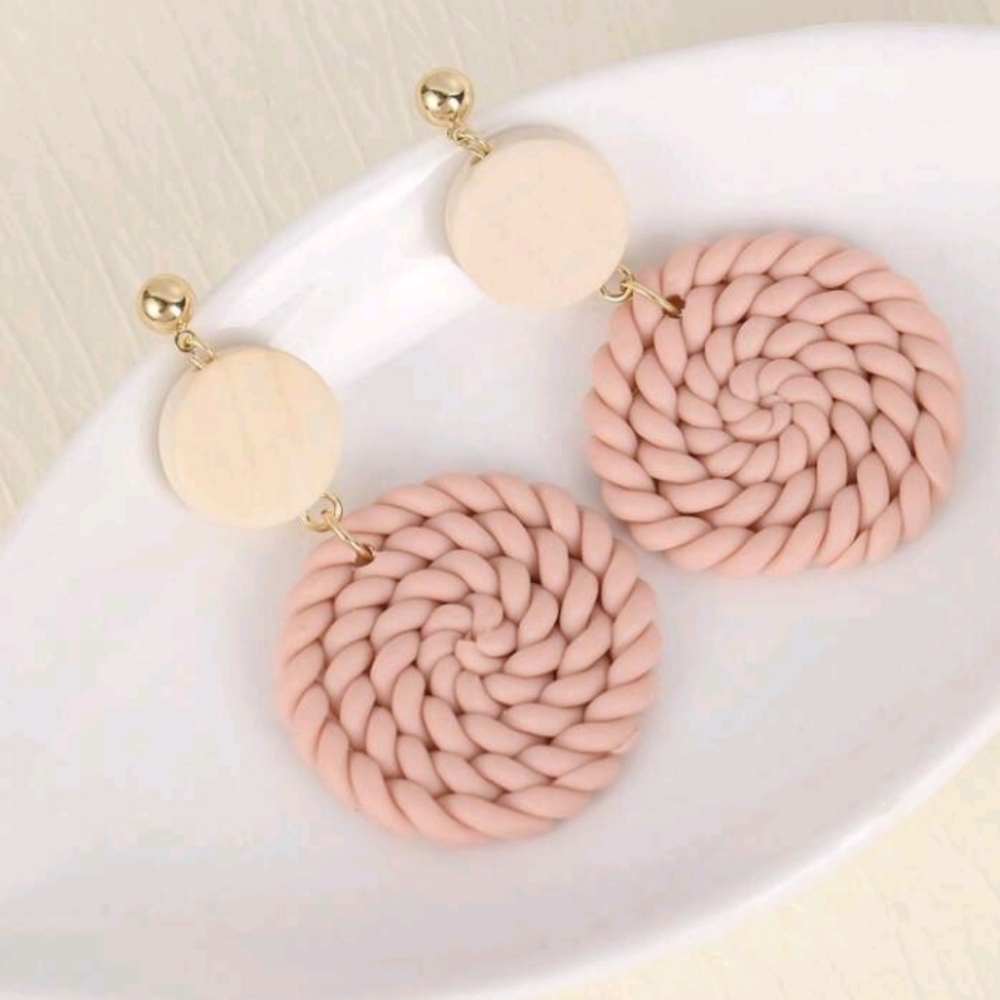 New Boho Pastel Pink Polymer Clay Round Woven Drop Earrings